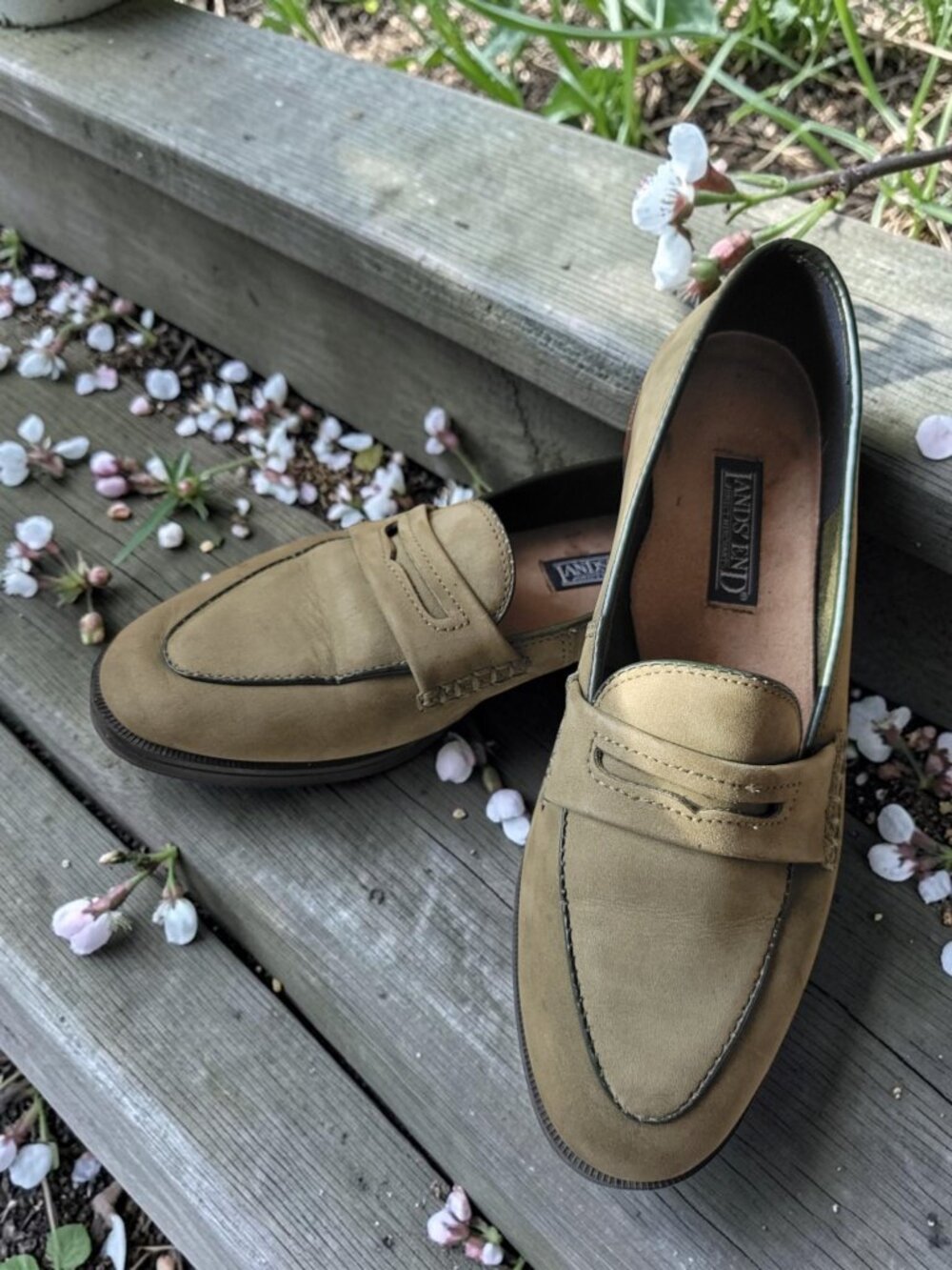 VTG Suede Penny Loafer Olive Green Lugged Sole Lands End Preppy Career Trendy